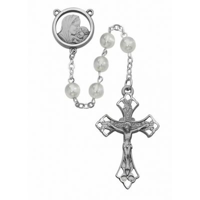 7mm White Glass Bead Rosary w/Pewter Crucifix/Center - 735365565917 - R143ASF
