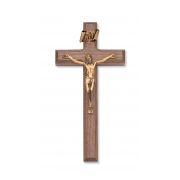 8 inch Beveled Walnut Wall Crucifix Gold Corpus
