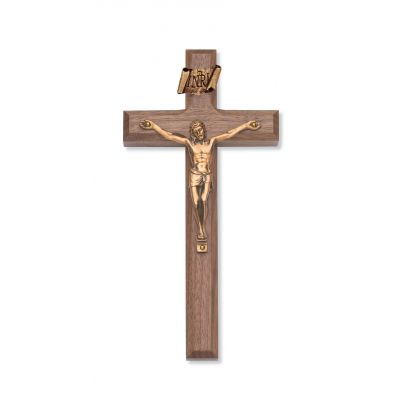 8 inch Beveled Walnut Wall Crucifix Gold Corpus - 735365474431 - 80-01