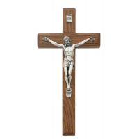 8 inch Beveled Walnut Wall Crucifix Silver Corpus