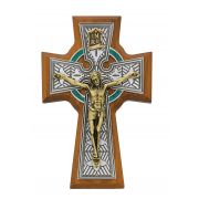 5 1/2" Walnut Celtic Crucifix w/Green Enamel