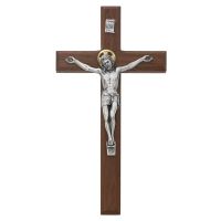 8 inch Beveled Walnut Wall Crucifix Silver Corpus/Gold Halo