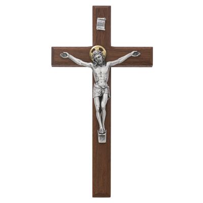 8 inch Beveled Walnut Wall Crucifix Silver Corpus/Gold Halo - 735365491100 - 80-157