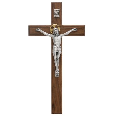 13 inch Walnut Crucifix w/Silver Corpus - 735365491162 - 80-160
