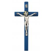10" Blue Wood Crucifix/Silver Ox Corpus And Inri