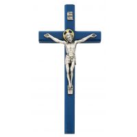 10" Blue Wood Crucifix/Silver Ox Corpus And Inri
