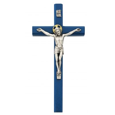 10" Blue Wood Crucifix/Silver Ox Corpus And Inri - 735365518814 - 80-187