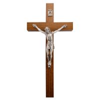 6 inch Walnut Crucifix Silver Corpus