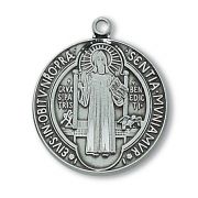 Antique Silver Saint Benedict w/24 inch Necklace Chain & Gift Box