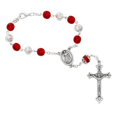 Red & White Divine Mercy Beads Auto Rosary 735365500215 - AR70C