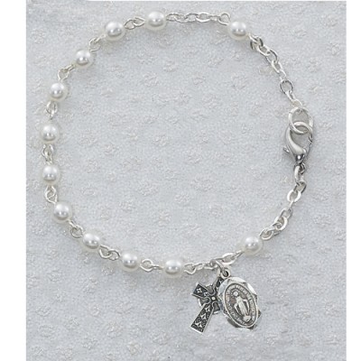 3mm 6 1/2 inch Pearl Celtic Cross & Miraculous Medal Bracelet - 735365994212 - B50RWM