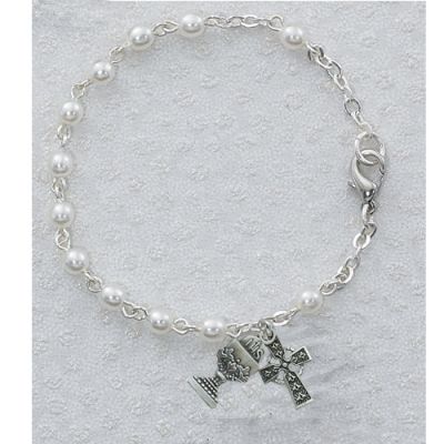 3mm 6 1/2 Inch Pearl Celtic Cross/Chalice Bracelet w/White Gift Box - 735365994113 - B50RW