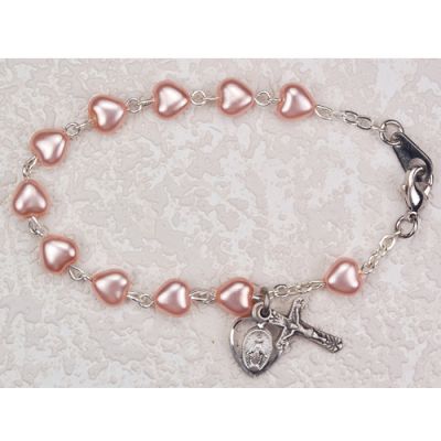 Silver 6 1/2 inch Pink Heart Bracelet w/Crucifix/Miraculous Medal - 735365575381 - BR173WM