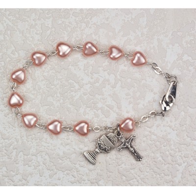 6 1/2 inch Pink Heart Bracelet Rhodium Crucifix/Chalice w/Gift Box - 735365574841 - BR174W