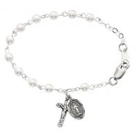 5 1/2 inch Pearl Baby Bracelet Rhodium Crucifix/Miraculous Medal