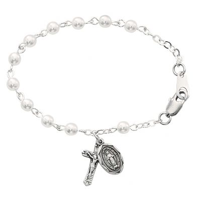 5 1/2 inch Pearl Baby Bracelet Rhodium Crucifix/Miraculous Medal - 735365497713 - BR177D