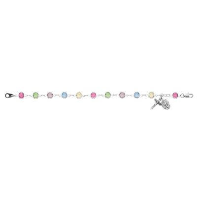 7 1/2 inch Multi Crystal Bracelet w/Rhodium Crucifix/Miraculous Medal - 735365511136 - BR225