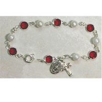7 1/2in. Red/Pearl Bracelet Sterling Silver Crucifix/Miraculous Medal