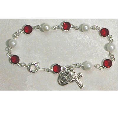 7 1/2in. Red/Pearl Bracelet Sterling Silver Crucifix/Miraculous Medal - 735365511181 - BR230