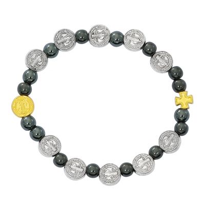Hematite & Metal Beads Saint Benedict Stretch Bracelet 735365678914 - BR302C