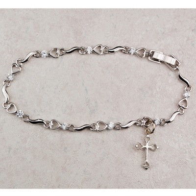 7 1/2 Cubic Zirconia Bracelet Rhodium Plated Cross w/Gift Box - 735365032181 - BR419