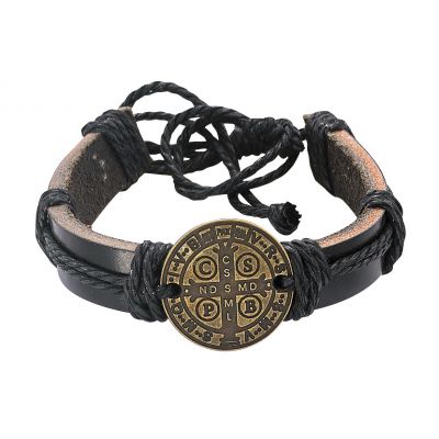 Leather Saint Benedict Metal Rope Bracelet 735365343454 - BR563C