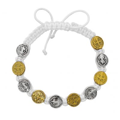 White Cord Silver/gold Saint Benedict Medals Bracelet 3pk - 735365513703 - BR853C