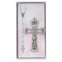Pewter Girl Cross/Rosary Set Light Pink Ribbon