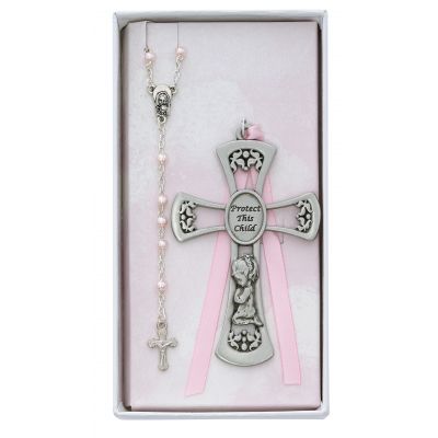 Pewter Girl Cross/Rosary Set Light Pink Ribbon - 735365532186 - BS10