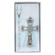 Pewter Boy Cross/Rosary Set Light Blue Ribbon