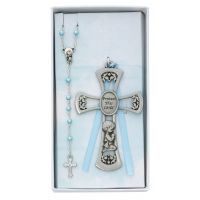 Pewter Boy Cross/Rosary Set Light Blue Ribbon