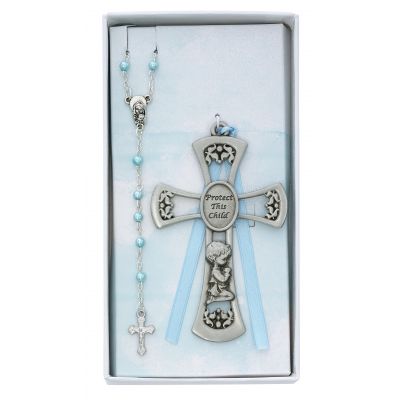 Pewter Boy Cross/Rosary Set Light Blue Ribbon - 735365532193 - BS11