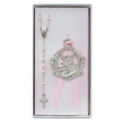 Pink Rosary & Crib Guardian Angel Medal Set