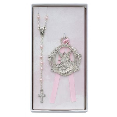 Pink Rosary & Crib Guardian Angel Medal Set - 735365543670 - BS17
