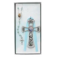 Pewter Boy Cross w/Guardian Angel Rosary Set