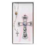 Pewter Girl Cross w/Guardian Angel Pink Rosary Set