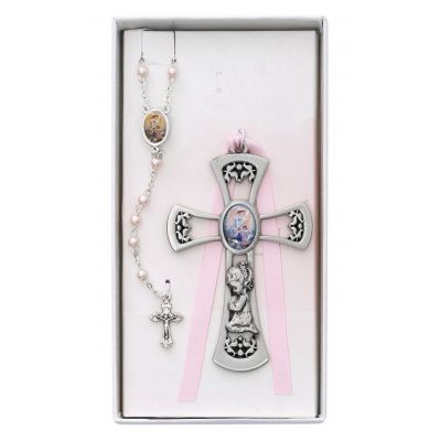 Pewter Girl Cross w/Guardian Angel Pink Rosary Set - 735365596614 - BS36