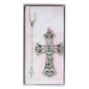 Bless The Child Crib Cross, Girl Pink Pearl Rosary Set