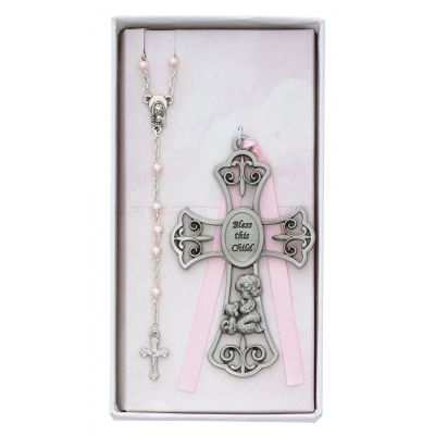Bless The Child Crib Cross, Girl Pink Pearl Rosary Set - 735365515523 - BS59