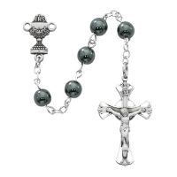 Sterling Silver 6mm Hematite Comm Rosary w/Crucifix/Chalice Medal