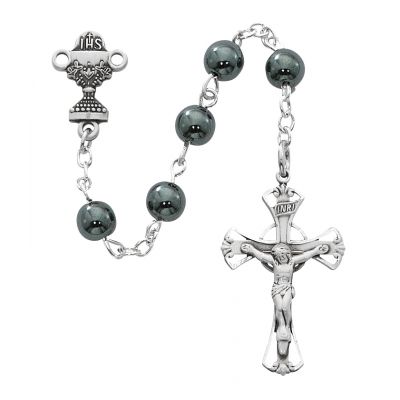 Sterling Silver 6mm Hematite Comm Rosary w/Crucifix/Chalice Medal - 735365587117 - C13LB