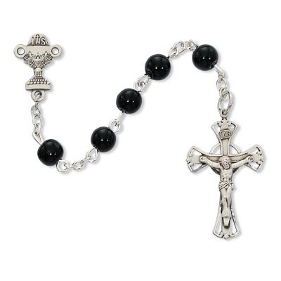 Sterling Silver 6mm Black Glass Comm Rosary w/Crucifix/Chalice Medal - 735365587162 - C15LB