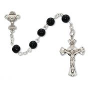 5mm Black Glass Communion Rosary w/Rhodium Crucifix/Center