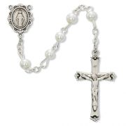 Sterling Silver 5mm White Pearl Rosary w/Crucifix/Miraculous Medal