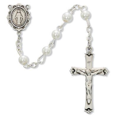 Sterling Silver 5mm White Pearl Rosary w/Crucifix/Miraculous Medal - 735365587223 - C18LW
