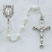 5mm White Pearl Rosary w/Rhodium Crucifix/Center