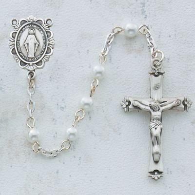 5mm White Pearl Rosary w/Rhodium Crucifix/Center - 735365587230 - C18RW