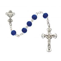 5mm Blue Glass Communion Rosary Rhodium Crucifix/Miraculous Medal