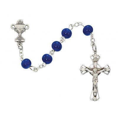 5mm Blue Glass Communion Rosary Rhodium Crucifix/Miraculous Medal - 735365605699 - C37RB