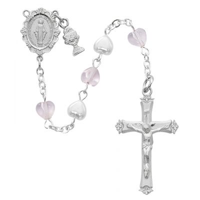 Pearl & Pink Crystal Rosary w/Rhodium Crucifix/Miraculous Medal - 735365995011 - C58RW